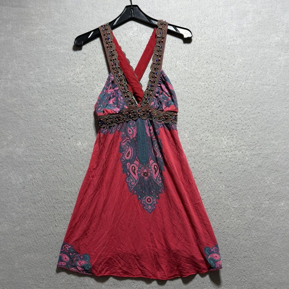 Free People Dress Women’s Large Red Boho Festival Sleeveless Bead Dress Fairy